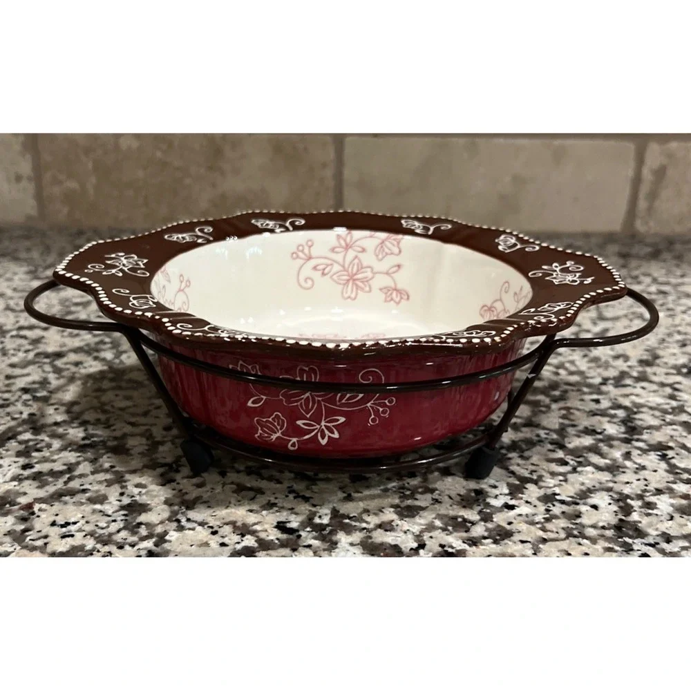 TEMPTATIONS FLORAL LACE‎ .5 Qt. ROUND Scalloped Edge BAKING DISH W/ Rack 796569